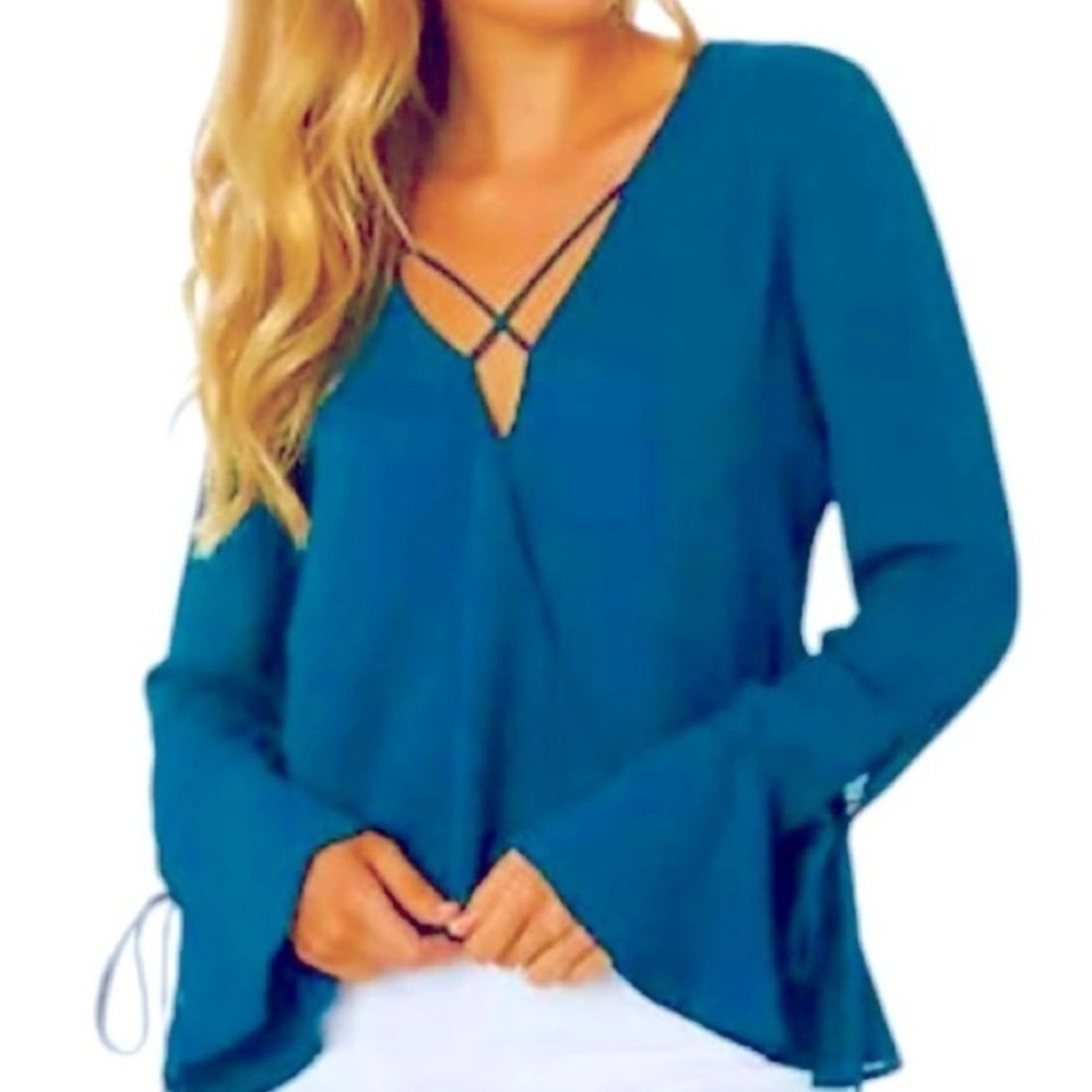 NWT Band of Gypsies Blue Bell Sleeve Faux Wrap Criss Cross Boho Blouse Size XS